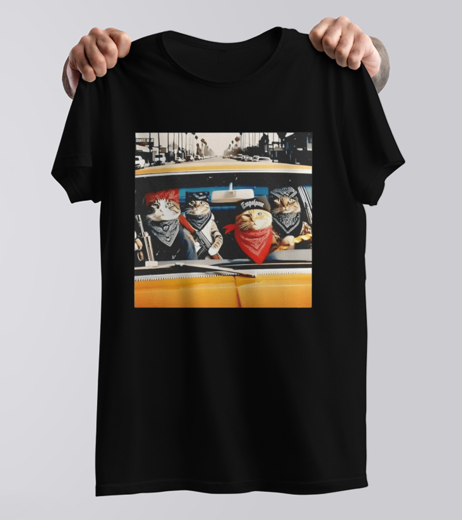 Gangster Cats In Lowrider Car With Bandanas And Guns T-Shirt