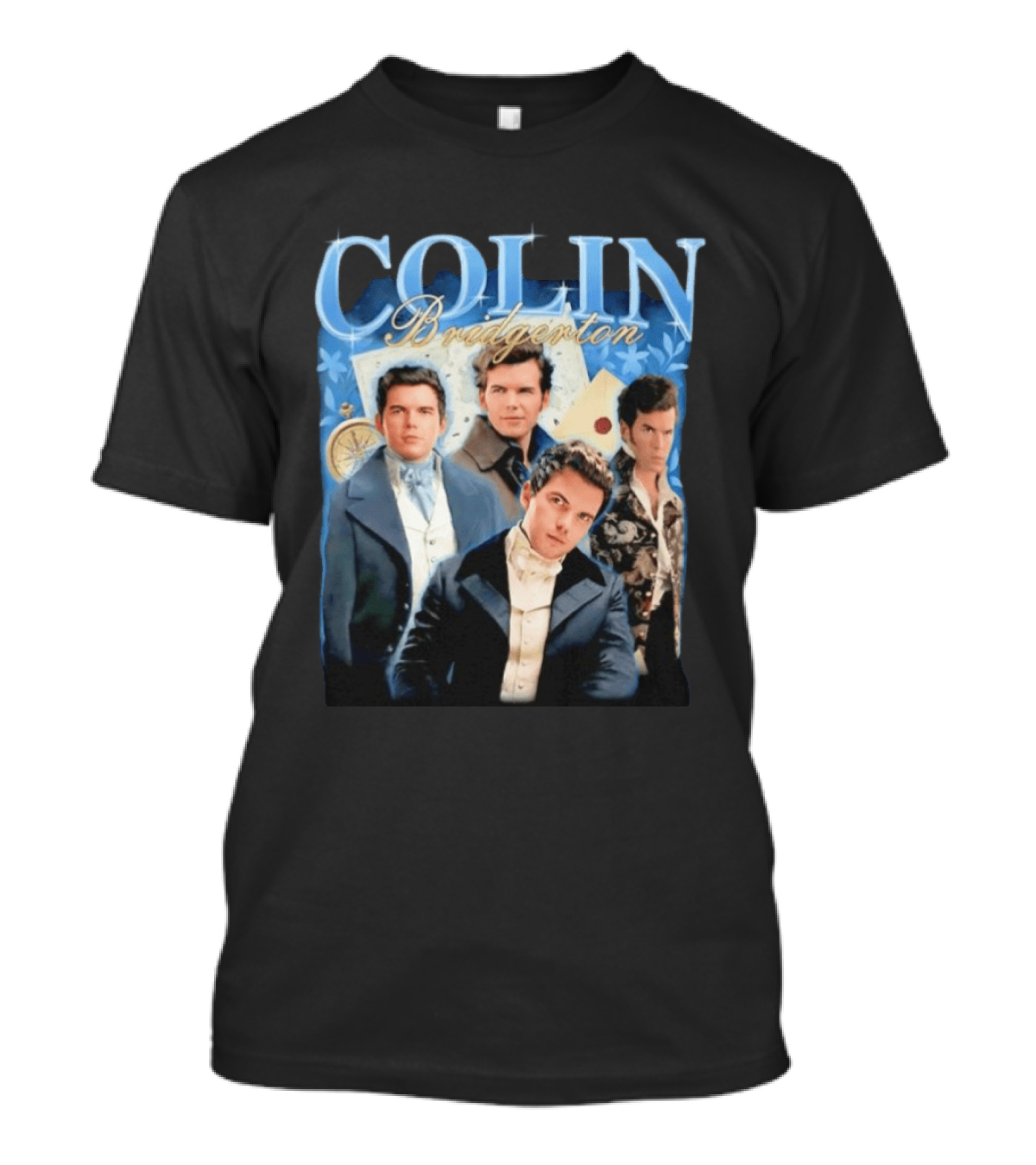 Colin Bridgerton Regency Style Fashion Characters On Blue T-Shirt