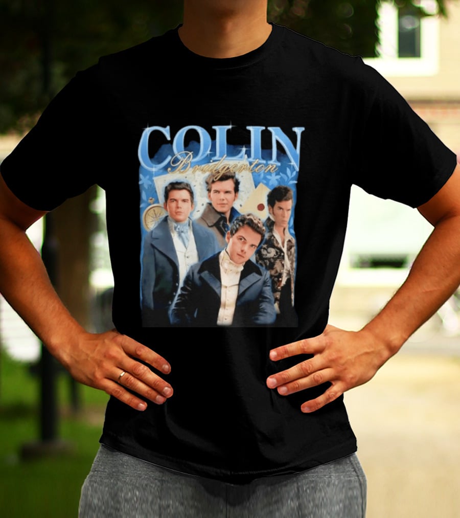 Colin Bridgerton Regency Style Fashion Characters On Blue T-Shirt