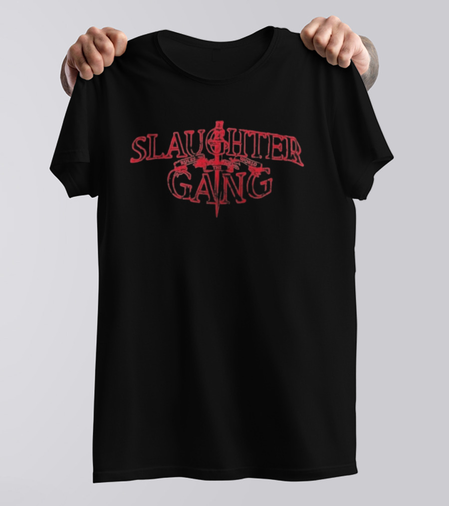 Slaughter Gang Red Text With Crossed Rifles T-Shirt