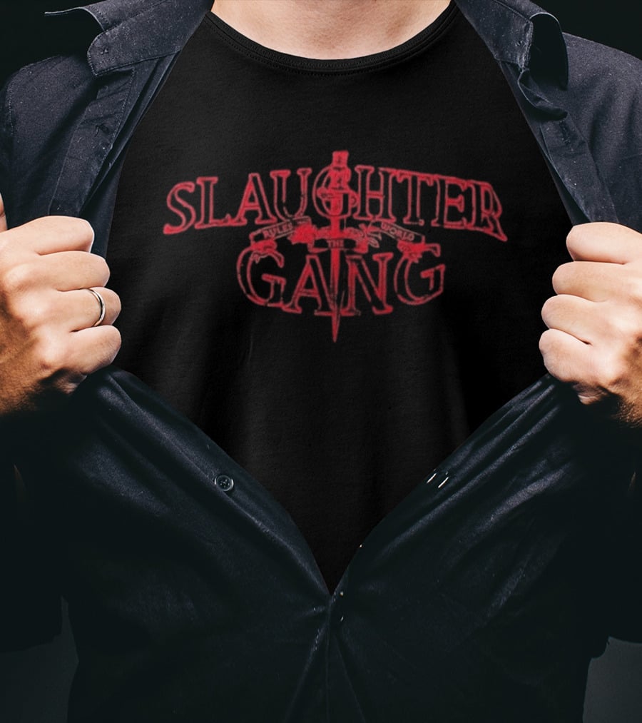 Slaughter Gang Red Text With Crossed Rifles T-Shirt