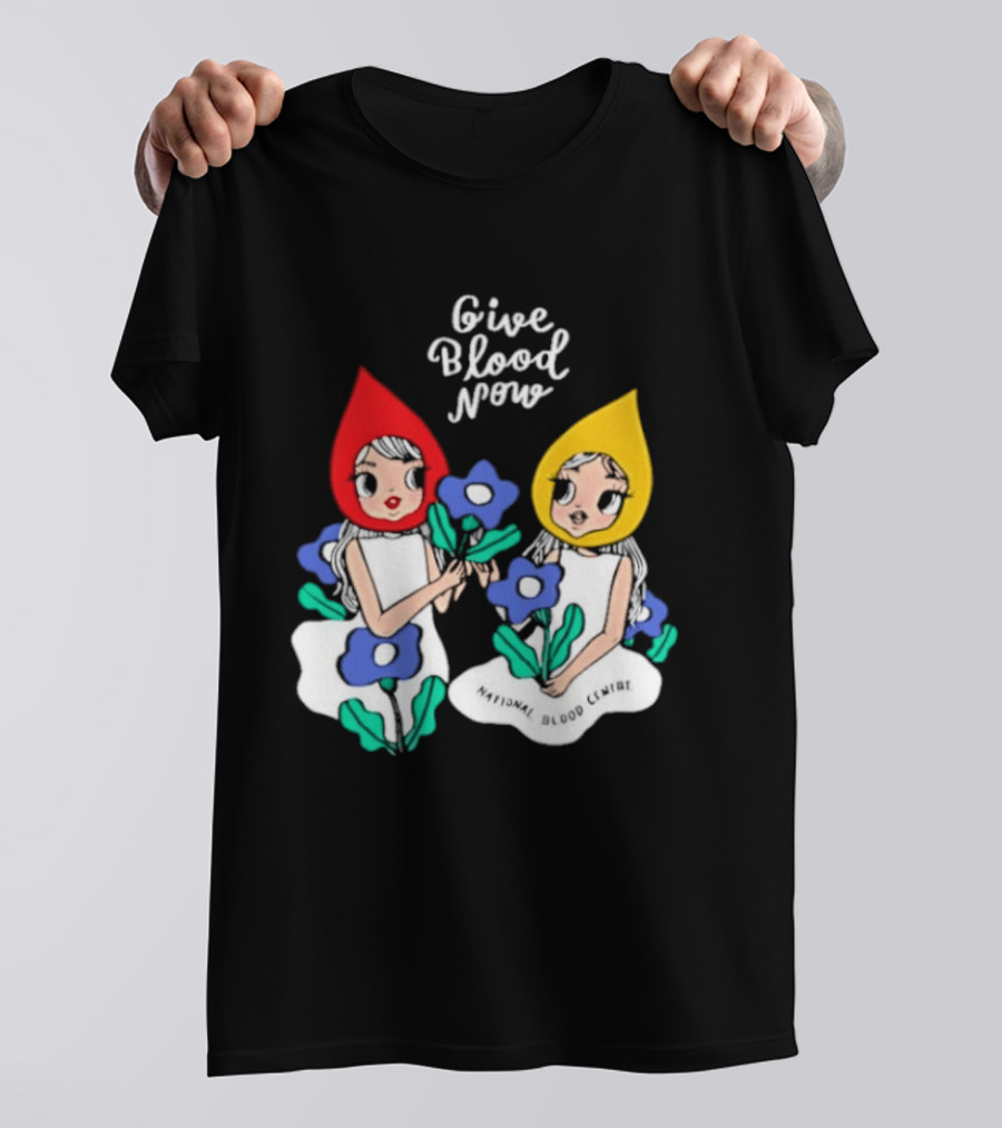 Give Blood Now National Blood Centre Cartoon Girls With Flowers T-Shirt