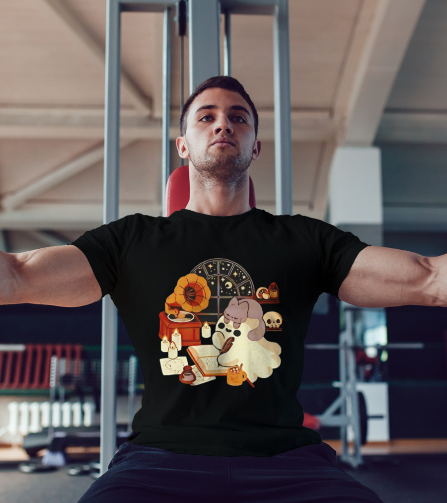 Ghost Cat Listening To Phonograph Under Night Sky While Writing T-Shirt