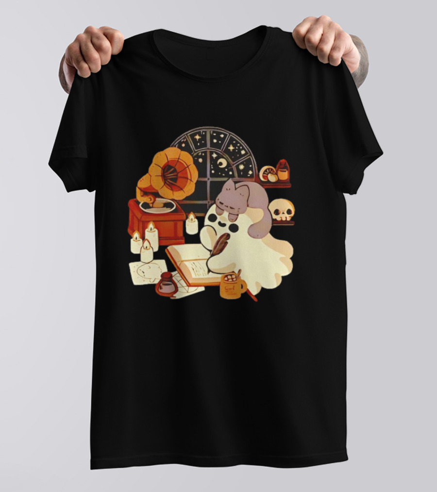 Ghost Cat Listening To Phonograph Under Night Sky While Writing T-Shirt