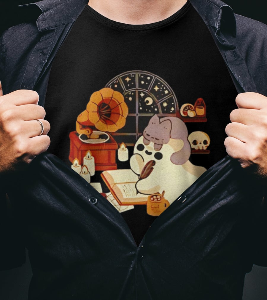 Ghost Cat Listening To Phonograph Under Night Sky While Writing T-Shirt