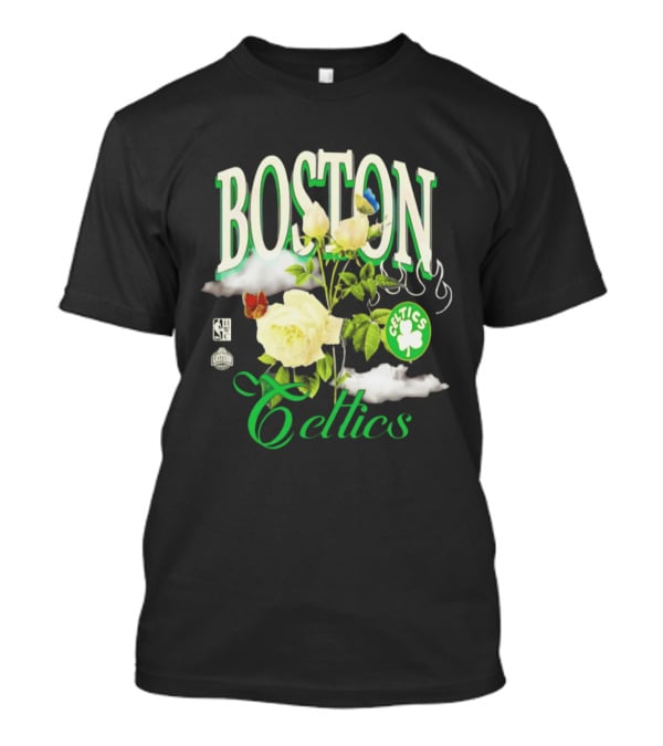 Boston Celtics Floral Roses With Butterfly And Shamrock T-Shirt