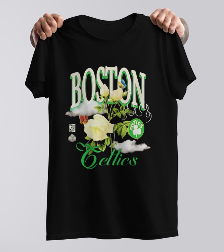 Boston Celtics Floral Roses With Butterfly And Shamrock T-Shirt