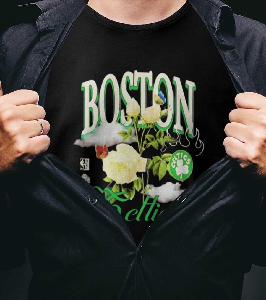 Boston Celtics Floral Roses With Butterfly And Shamrock T-Shirt