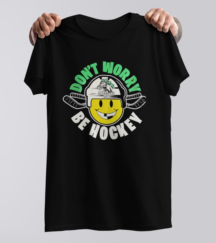 Don't Worry Be Hockey Cedar Rapids RoughRiders Smiley Face Helmet Rugged Fun T-Shirt