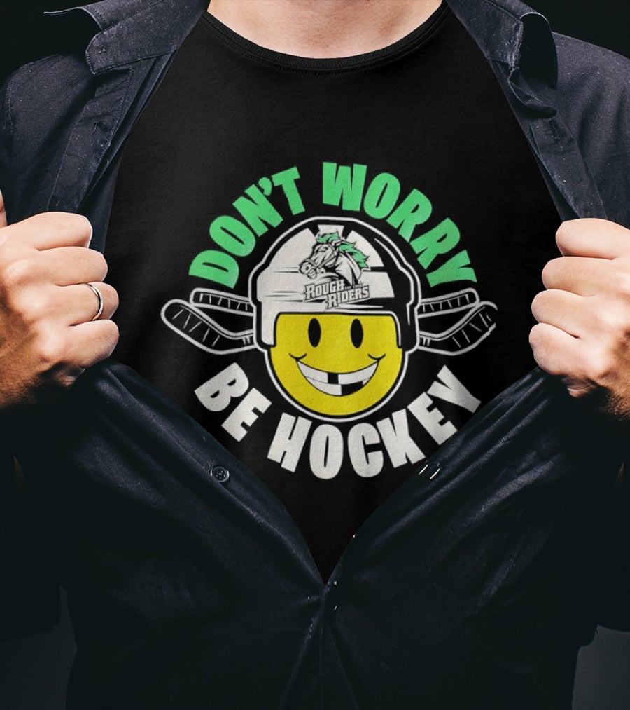 Don't Worry Be Hockey Cedar Rapids RoughRiders Smiley Face Helmet Rugged Fun T-Shirt