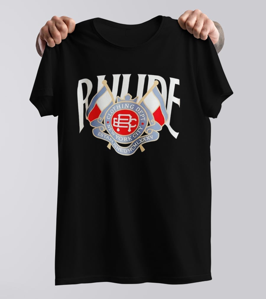 Rhude Clothing Dept New York City Established MCMLXXV Emblem Double Flags T-Shirt