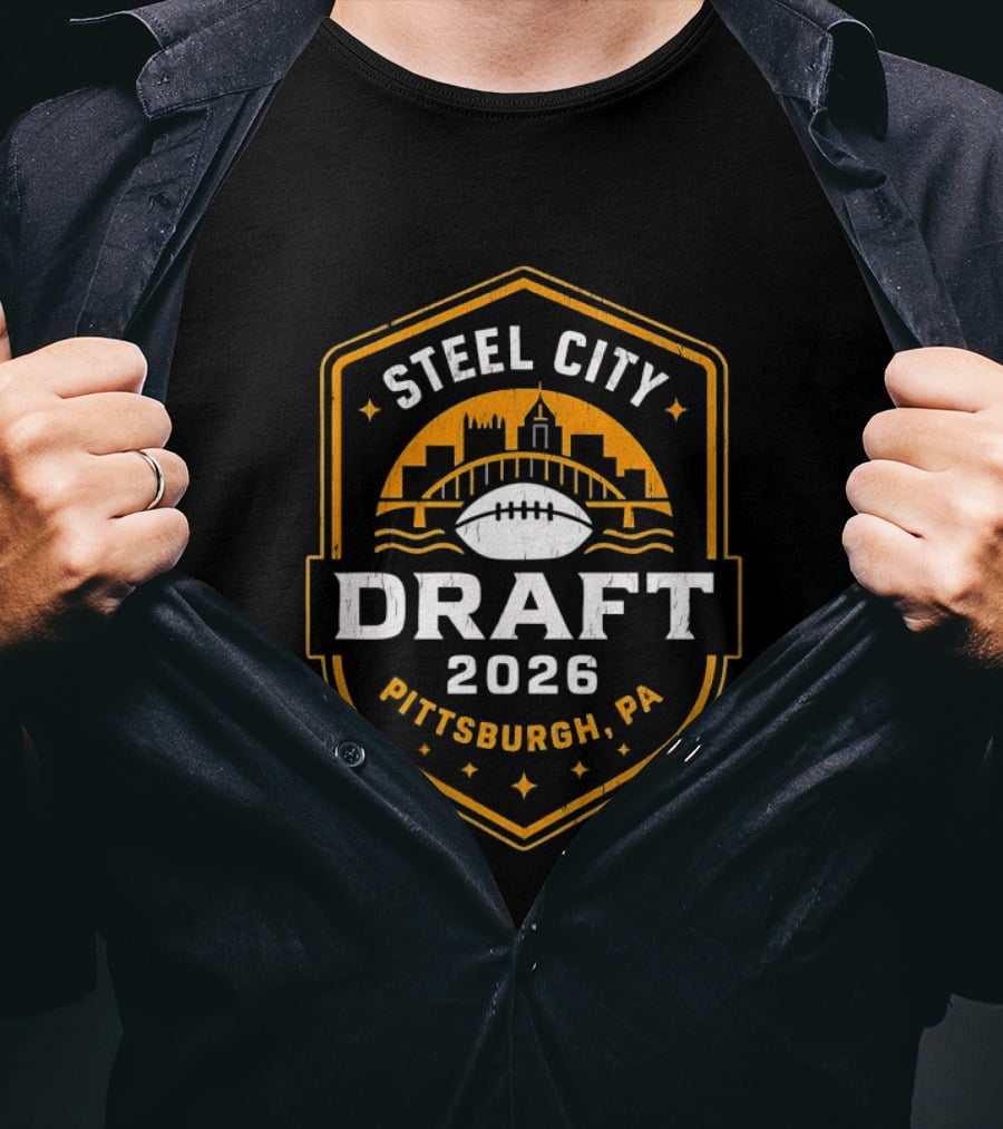 Steel City Draft 2026 Pittsburgh PA Football Shield Badge With City Skyline And Bridge T-Shirt