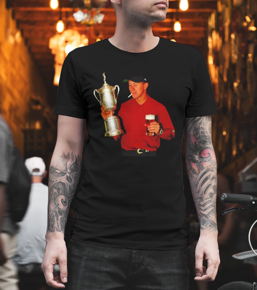 Tiger Woods Holding US Open Trophy With Cigarette And Drink In Hand T-Shirt