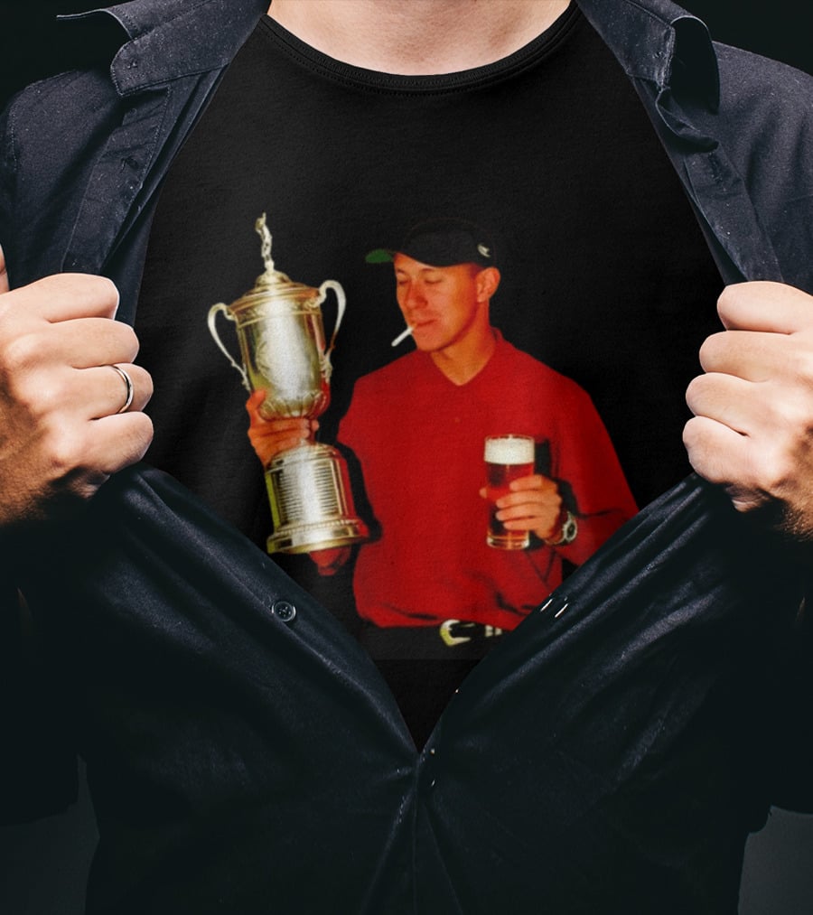 Tiger Woods Holding US Open Trophy With Cigarette And Drink In Hand T-Shirt