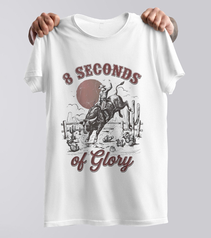8 Seconds Of Glory Cowboy Riding Rodeo Bull Southwestern Desert Scene T-Shirt