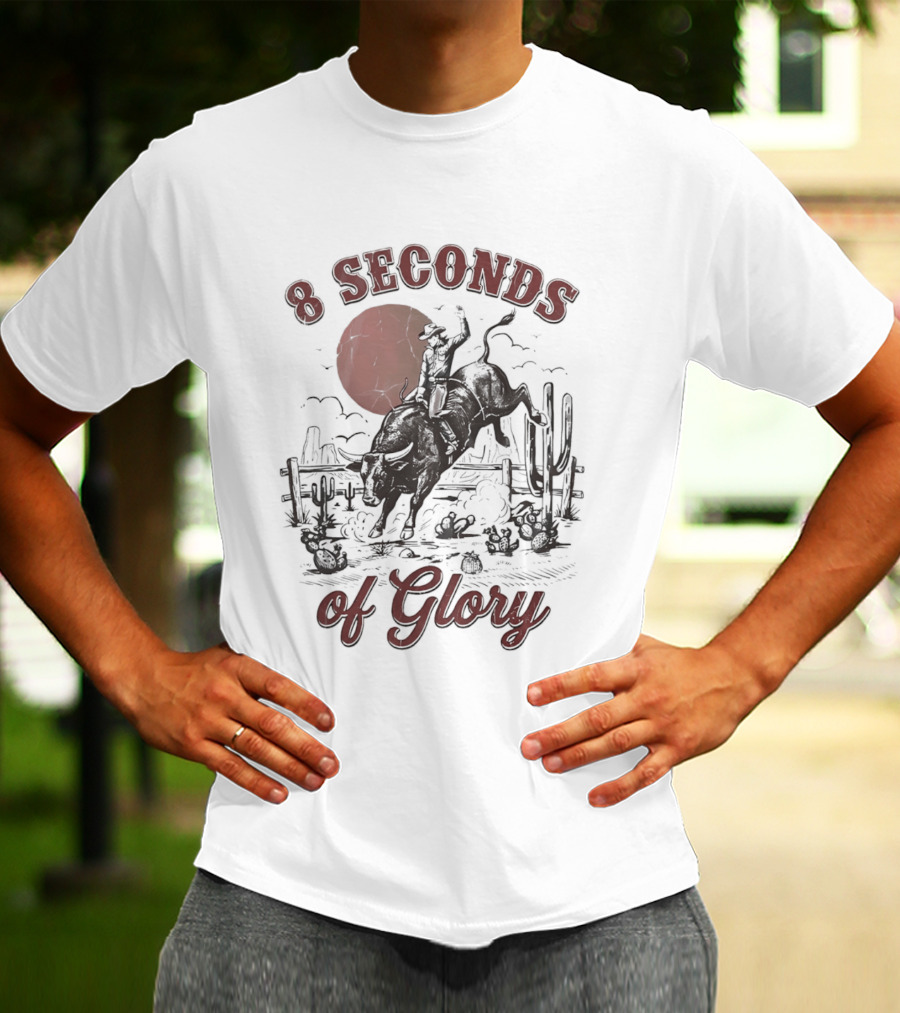 8 Seconds Of Glory Cowboy Riding Rodeo Bull Southwestern Desert Scene T-Shirt