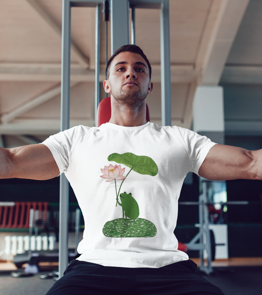 Frog With Lotus Umbrella Under The Rain Meme Cute Nature Scene T-Shirt