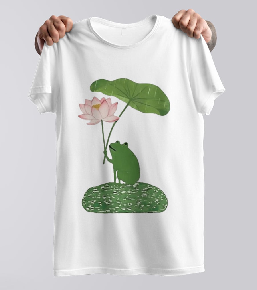 Frog With Lotus Umbrella Under The Rain Meme Cute Nature Scene T-Shirt