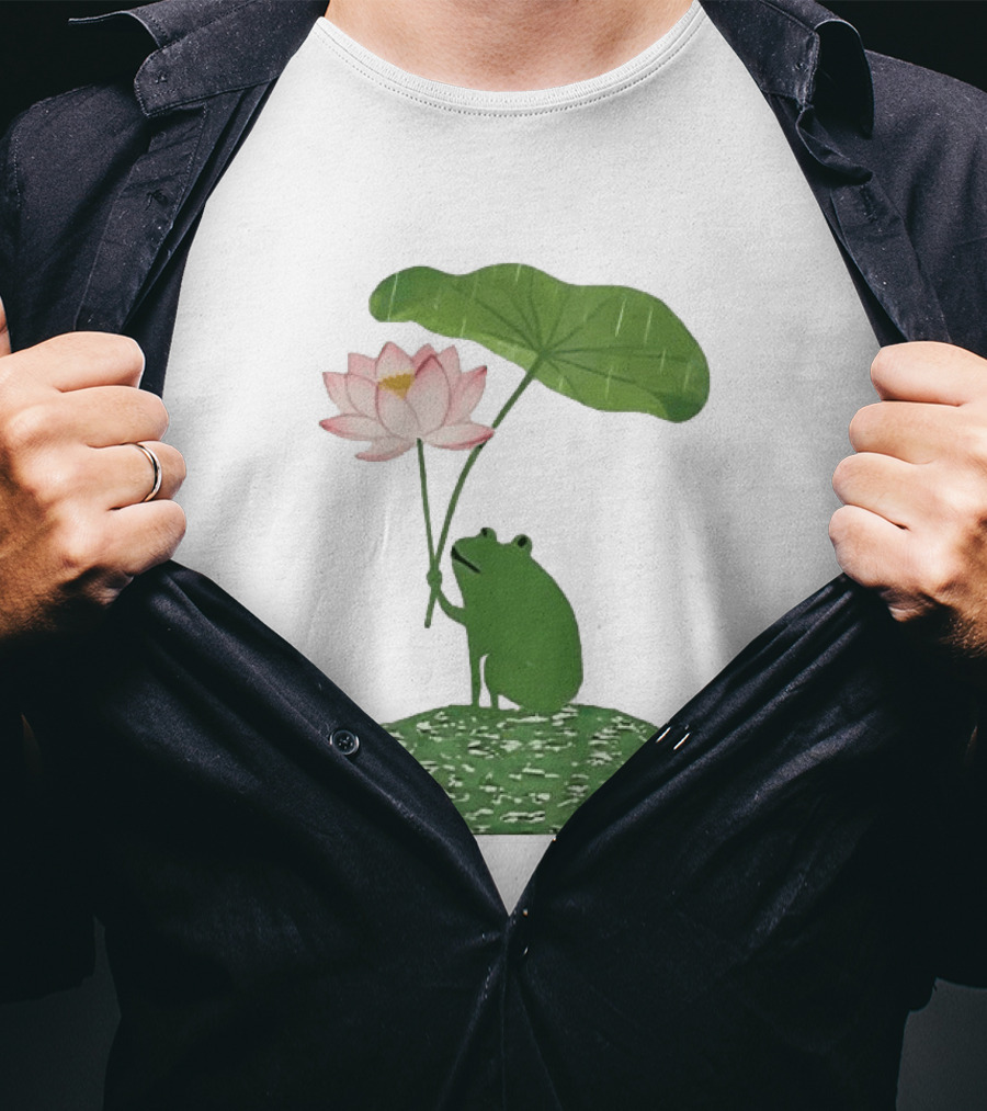 Frog With Lotus Umbrella Under The Rain Meme Cute Nature Scene T-Shirt