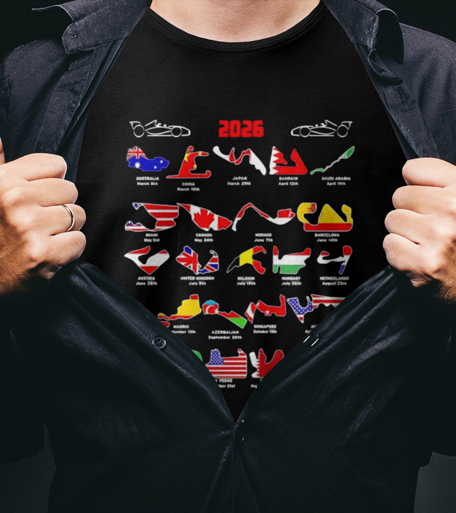 Formula Racing 2026 Circuit Map With International Flags And Track Layouts T-Shirt