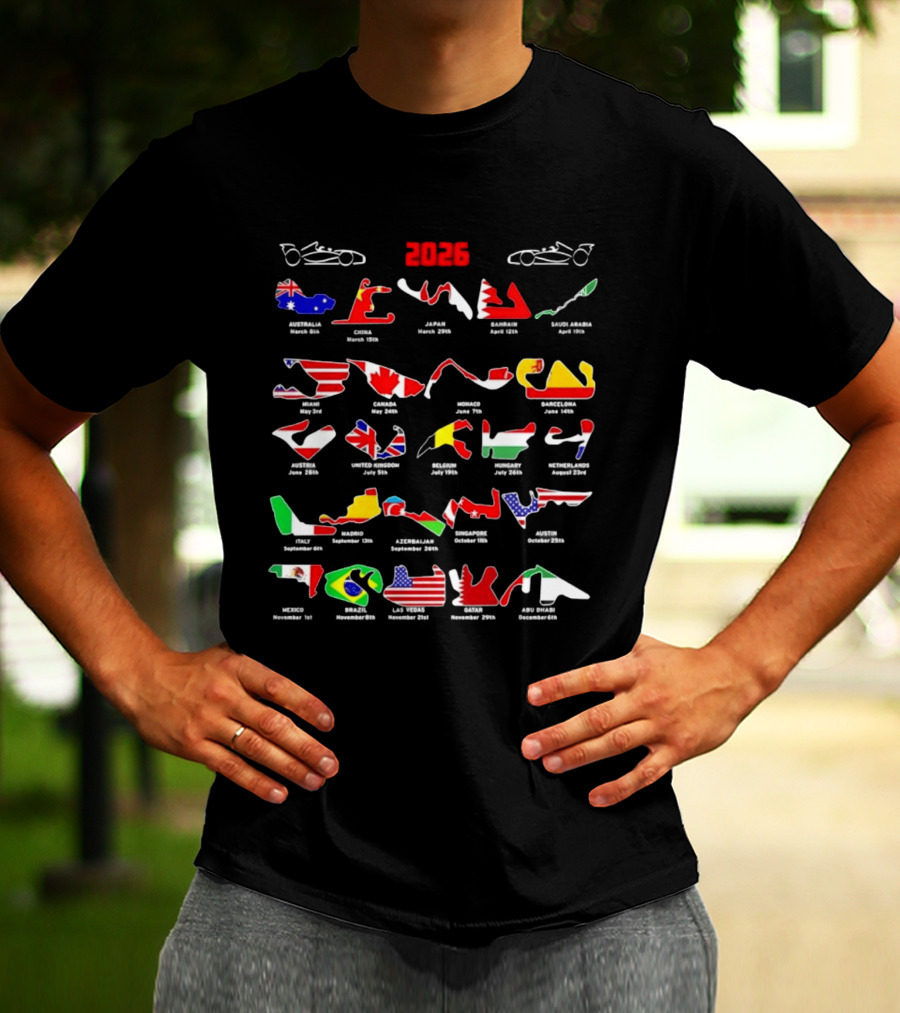 Formula Racing 2026 Circuit Map With International Flags And Track Layouts T-Shirt