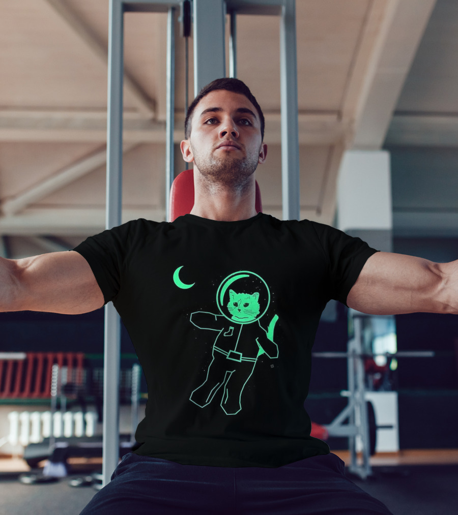 Glow In The Dark Astronaut Neon Cat With Moon Phases T-Shirt