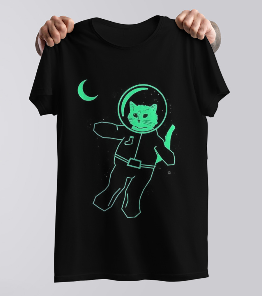 Glow In The Dark Astronaut Neon Cat With Moon Phases T-Shirt