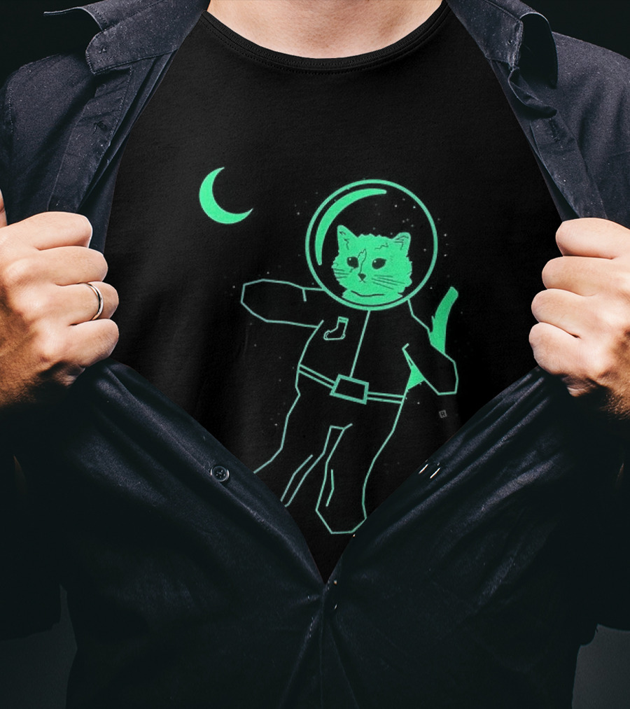 Glow In The Dark Astronaut Neon Cat With Moon Phases T-Shirt