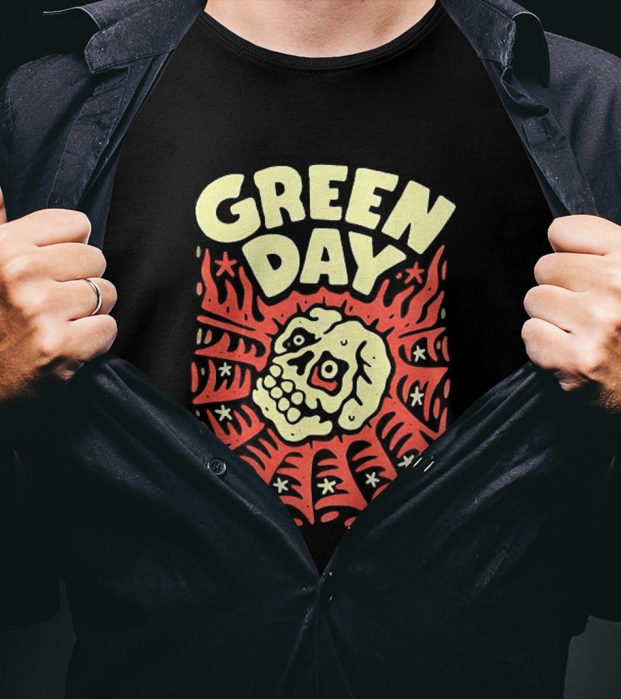 Green Day Skull Spider Red And Cream T-Shirt