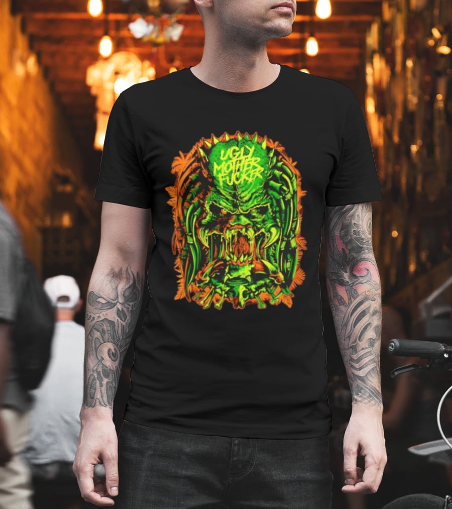 Predator Ugly Mother Fucker Alien Mask Neon Green And Orange T-Shirt
