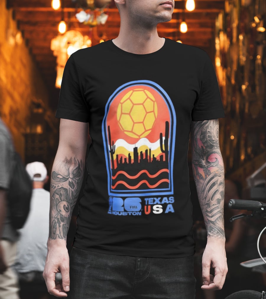 Texas USA FIFA 2026 Houston Skyline Cactus Sunset Soccer Ball T-Shirt