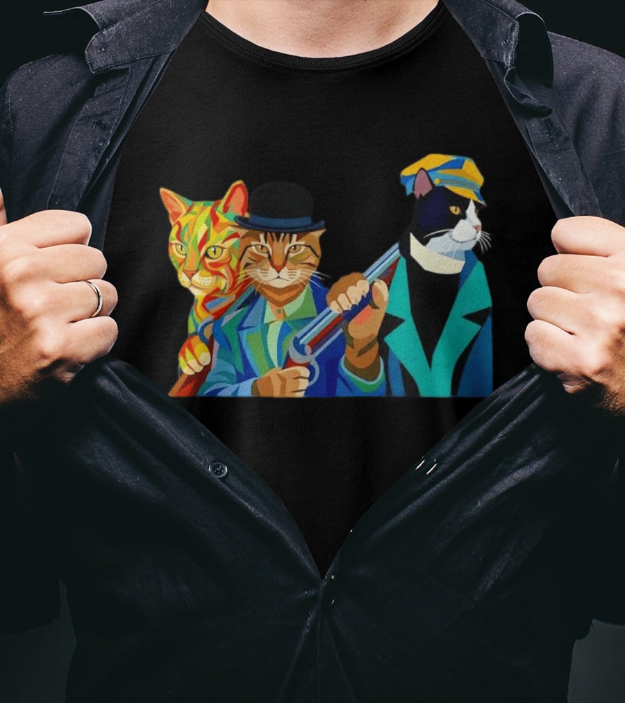 Three Cats Jazz Band Colorful Feline Musicians With Suits And Instruments T-Shirt
