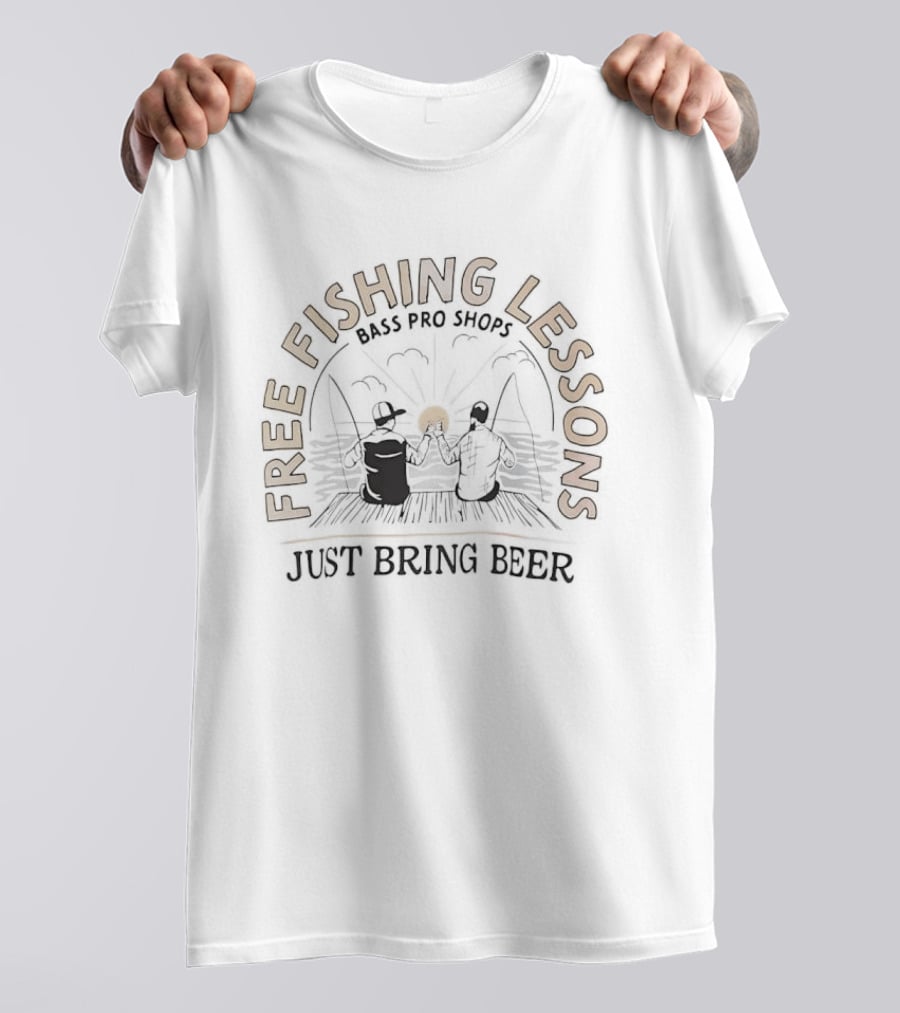 Free Fishing Lessons Bring Beer Lake Dock Scene T-Shirt