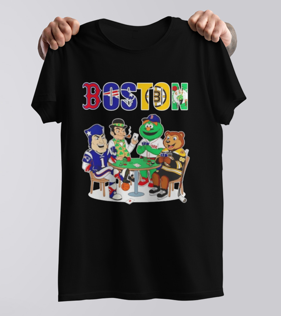 Boston Teams Playing Cards Patriots Red Sox Celtics Bruins Logos T-Shirt