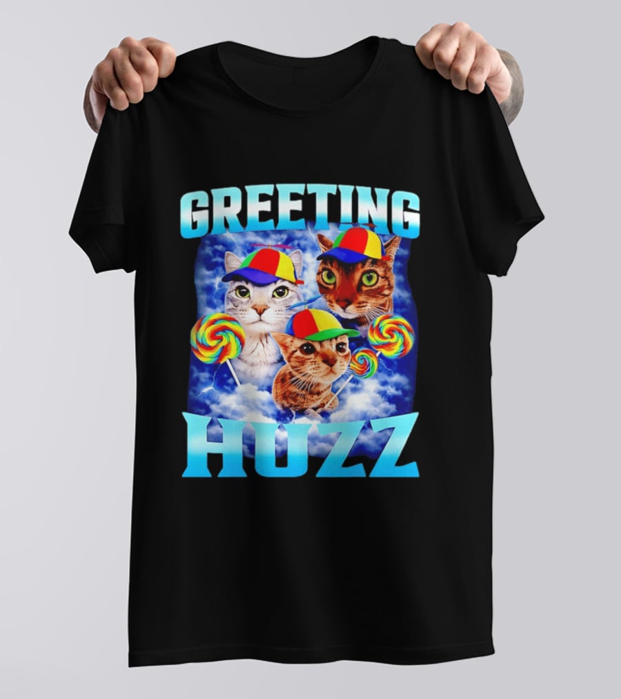 Greeting Huzz Cat Meme With Lollipops And Colorful Hats T-Shirt