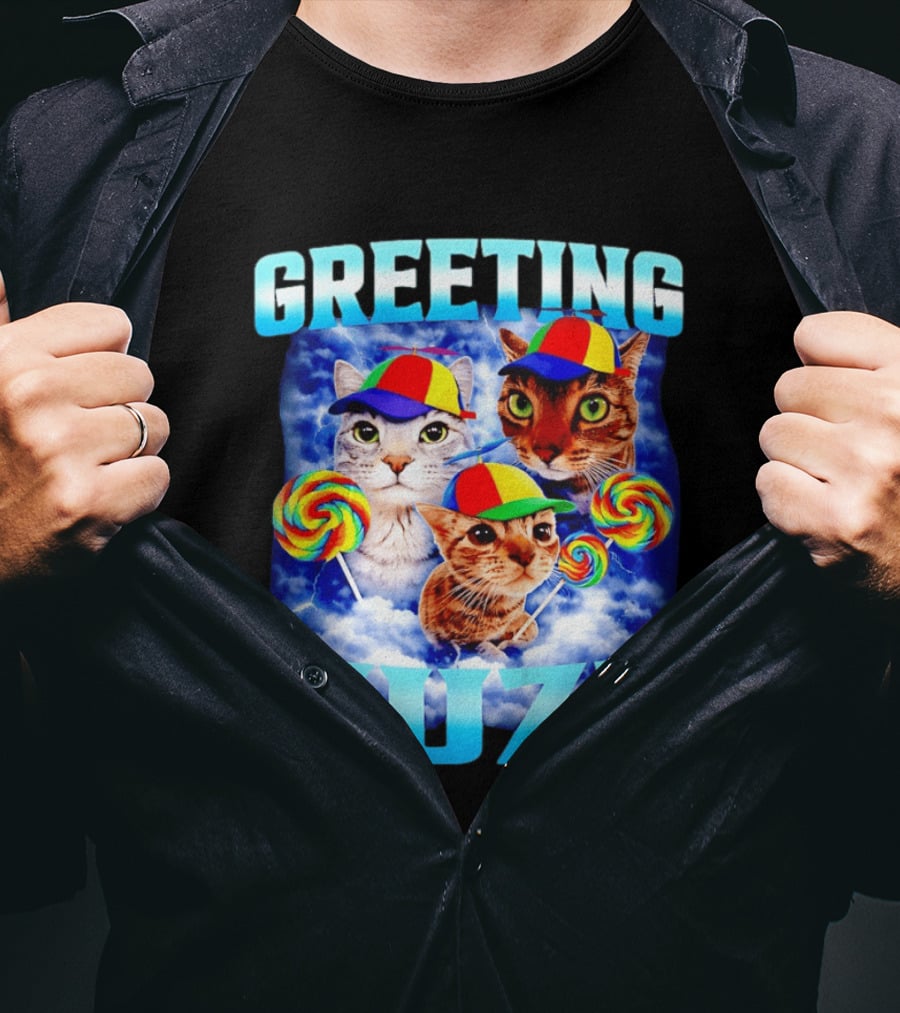Greeting Huzz Cat Meme With Lollipops And Colorful Hats T-Shirt