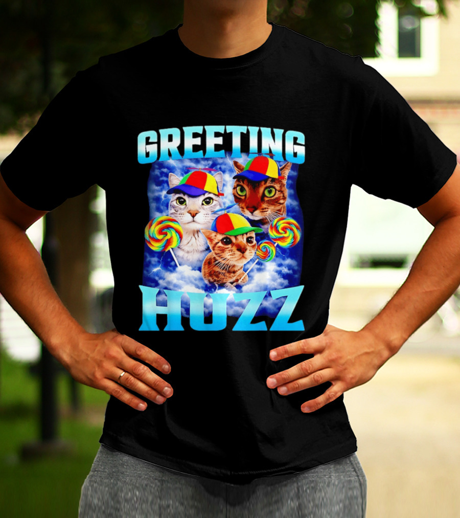 Greeting Huzz Cat Meme With Lollipops And Colorful Hats T-Shirt
