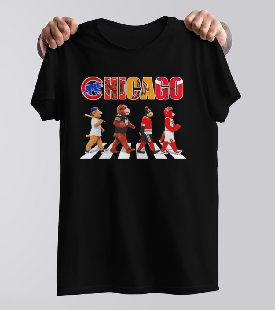 Chicago Cubs Bears Blackhawks Bulls Mascots Crossing Abbey Road T-Shirt