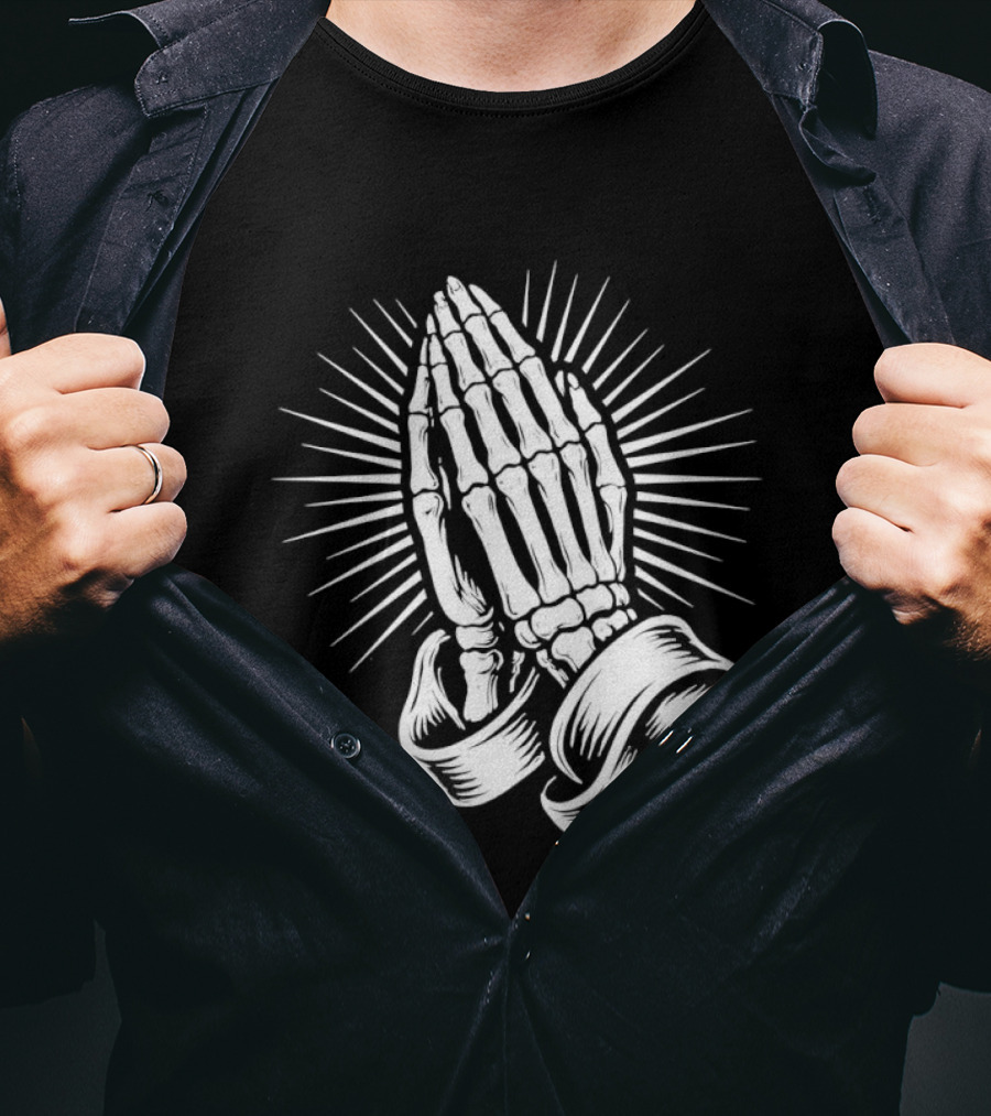 Skeleton Praying Hands Christian Symbol With Radiant Light T-Shirt