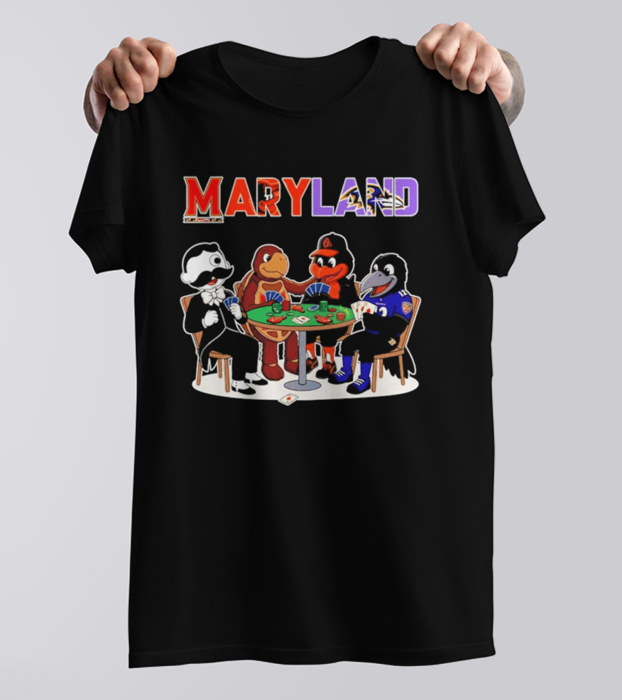 Maryland Mascots Playing Poker With Natty Boh, Orioles, Ravens, And Terrapins T-Shirt