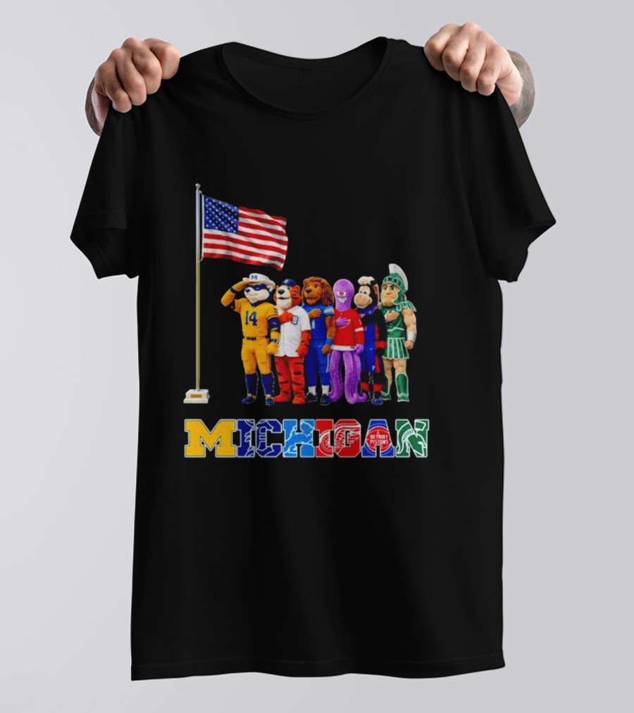 Patriotism In Michigan Sports Mascots Saluting American Flag T-Shirt
