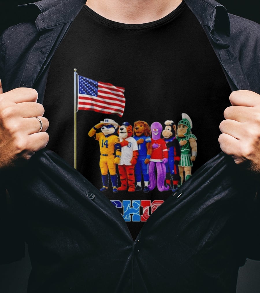 Patriotism In Michigan Sports Mascots Saluting American Flag T-Shirt