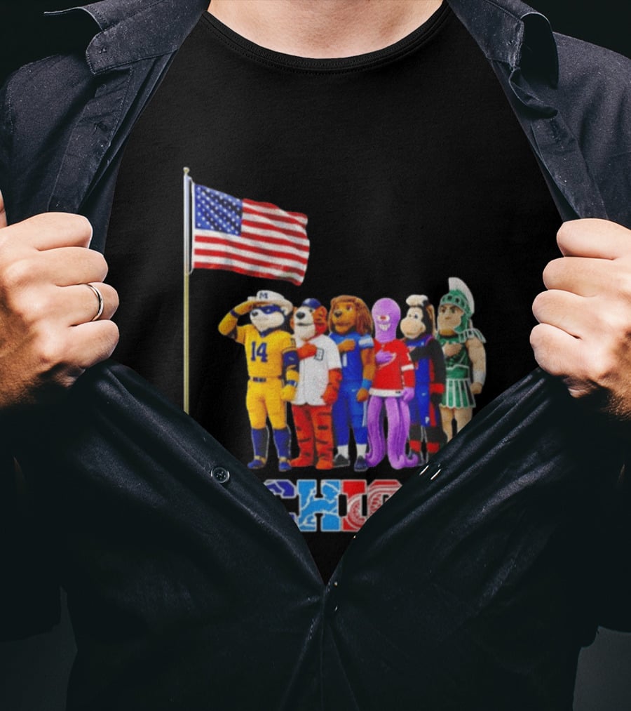 Michigan Wolverine Tigers Lions Red Wings Pistons Spartans Salute American Flag T-Shirt