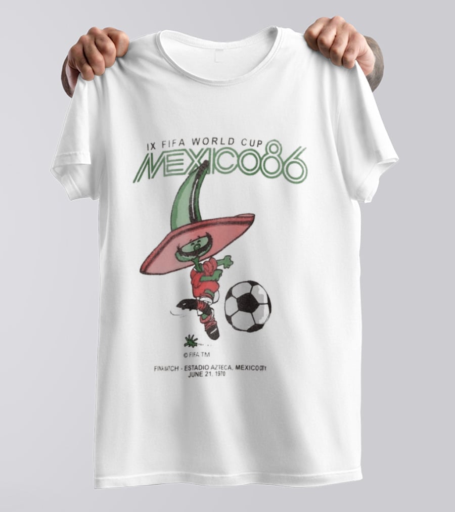 IX FIFA World Cup Mexico 86 Mascot Pique In Red Sombrero And Green Poncho With Soccer Ball T-Shirt