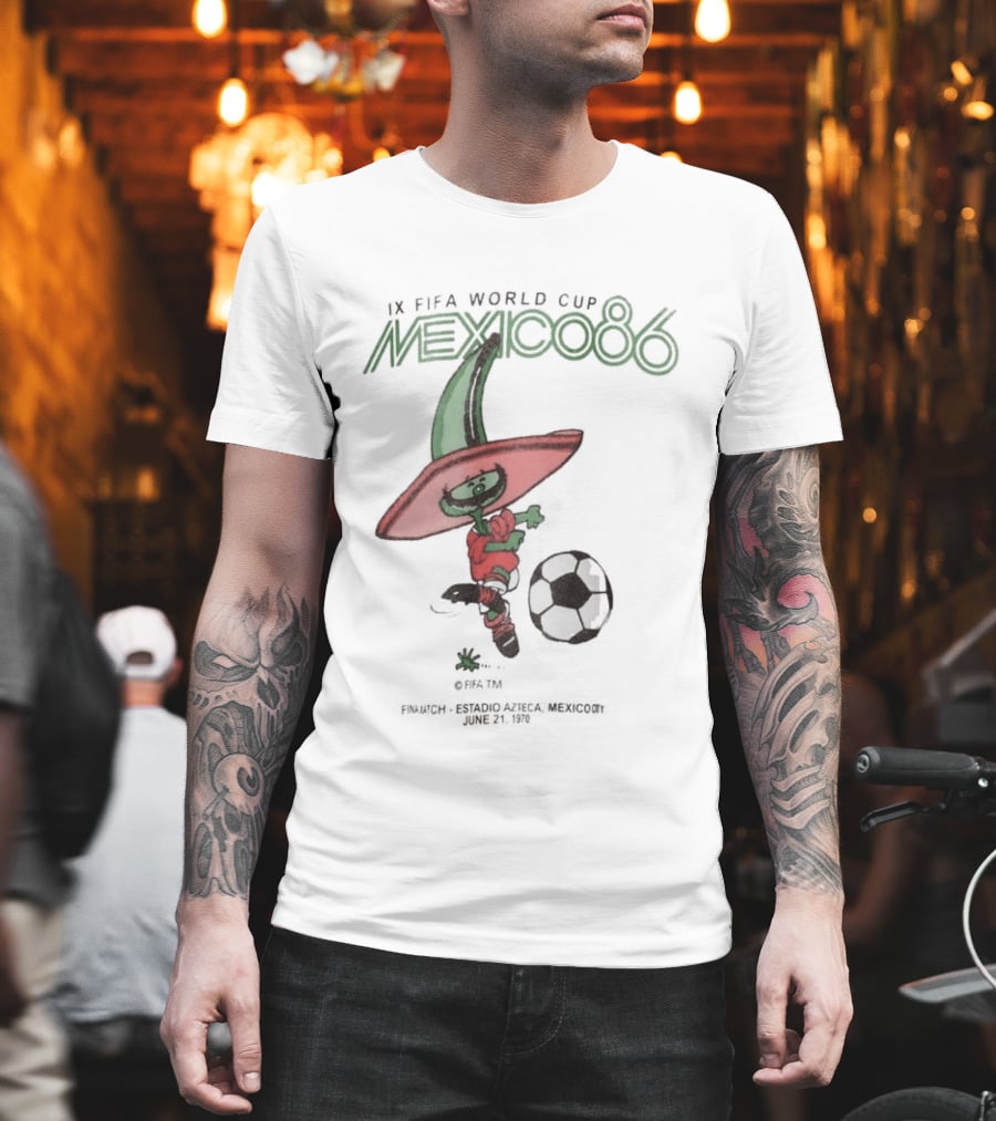 IX FIFA World Cup Mexico 86 Mascot Pique In Red Sombrero And Green Poncho With Soccer Ball T-Shirt