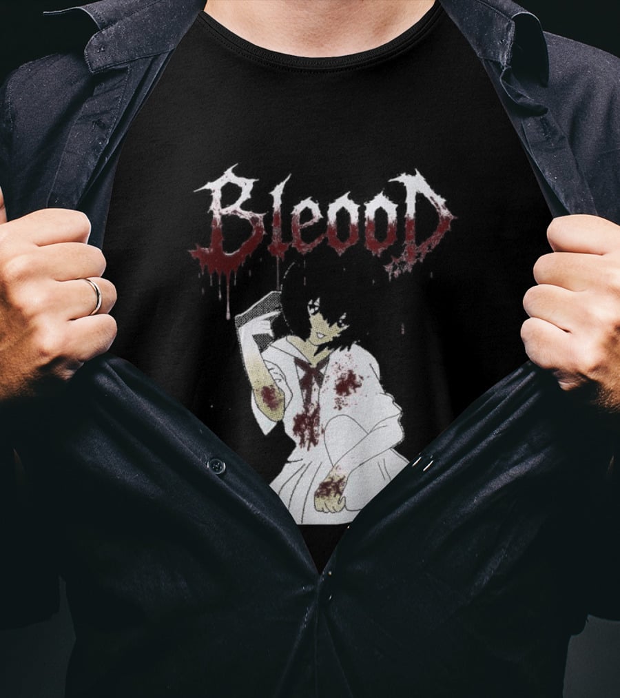 Blood Anime Style Dripping Text And Mysterious Figure T-Shirt