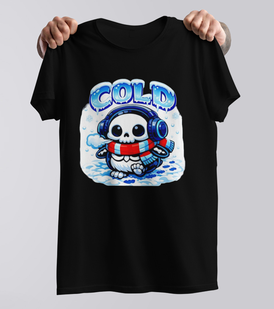 Cold Penguin Skeleton Winter Scarf Headphones Snowflakes T-Shirt