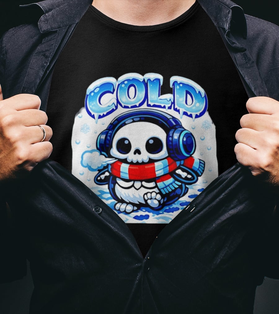Cold Penguin Skeleton Winter Scarf Headphones Snowflakes T-Shirt