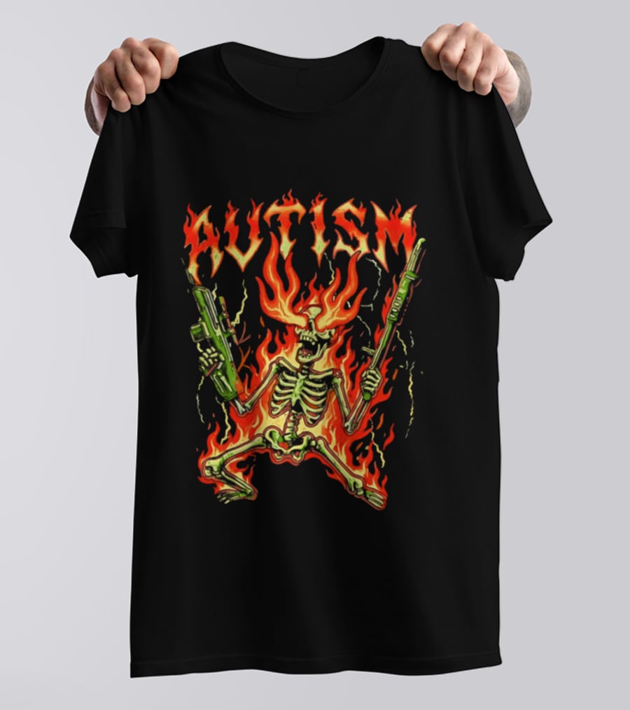 Skeleton Blazing Holding Two Rifle Guns Autism Flame T-Shirt