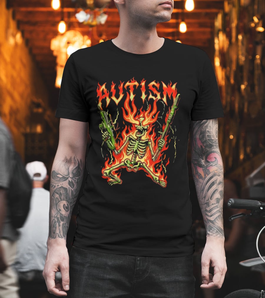 Skeleton Blazing Holding Two Rifle Guns Autism Flame T-Shirt
